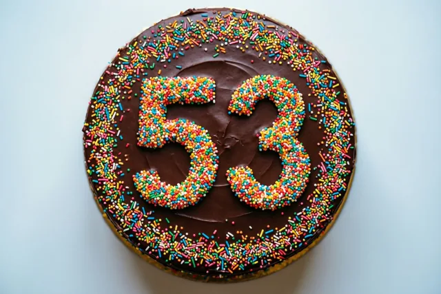Van bovenaf is een ronde chocoladetaart met 53 van gekleurde suikerstrooisels te zien tegen een effen lichtblauwe achtergrond.