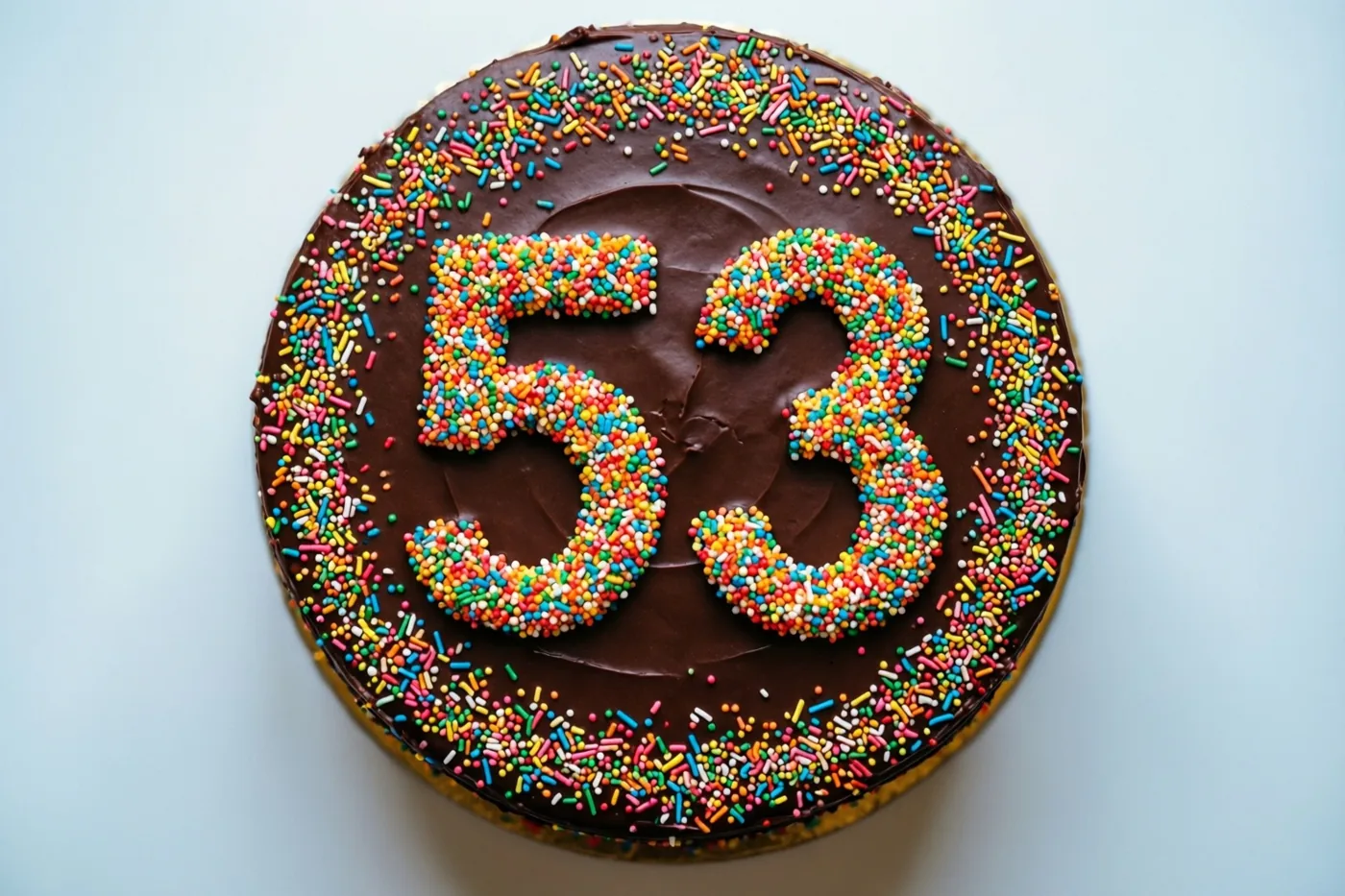 Van bovenaf is een ronde chocoladetaart met 53 van gekleurde suikerstrooisels te zien tegen een effen lichtblauwe achtergrond.