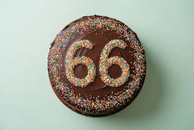 Een ronde chocoladetaart met chocoladeglazuur en het getal 66 in gekleurde suikerstrooisels is van bovenaf gefotografeerd tegen een effen lichtgroene achtergrond.