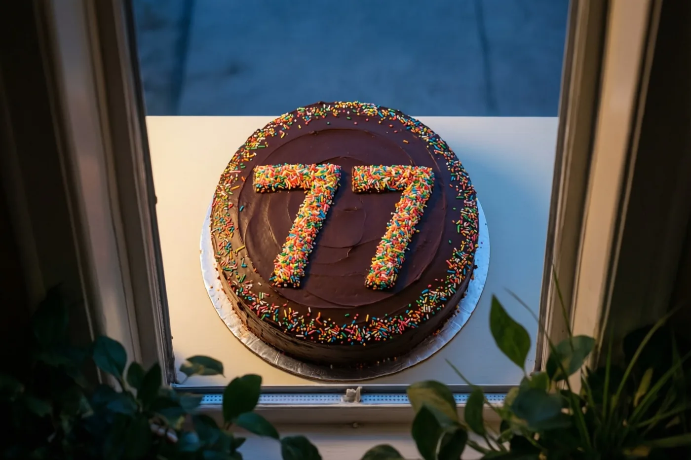 Een ronde chocoladetaart met 77 van kleurrijke suikerstrooisels staat op een vensterbank tussen groene planten in natuurlijk licht.