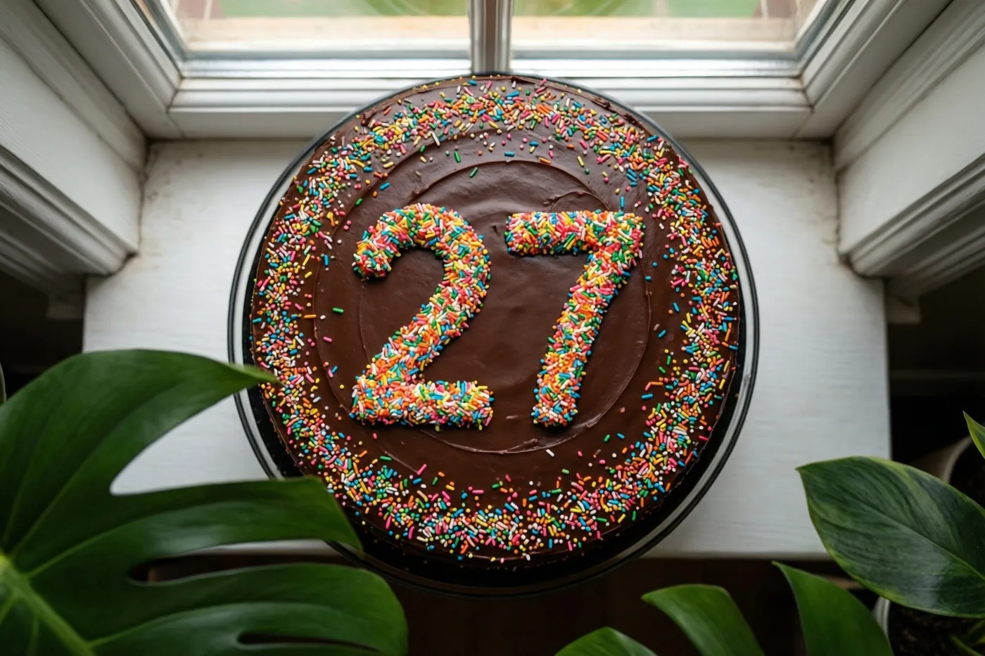 Een ronde chocoladetaart met het getal 27 van gekleurde suikerstrooisels staat op een vensterbank met groene bladeren op de voorgrond, van bovenaf gezien.