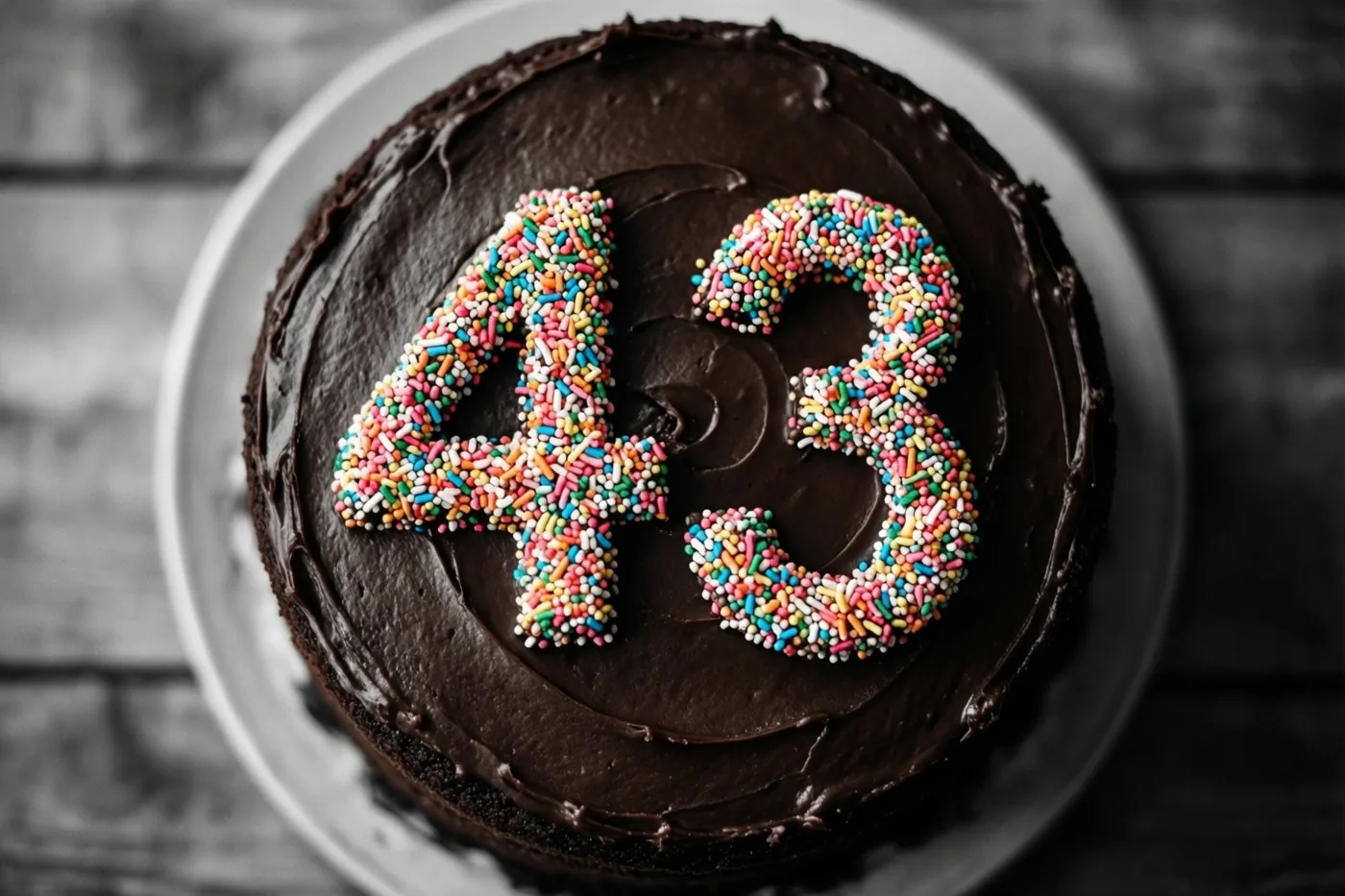 Van bovenaf is een ronde chocoladetaart met glad donker glazuur en 43 in kleurrijke suikerstrooisels te zien op een wit bord tegen donker hout.