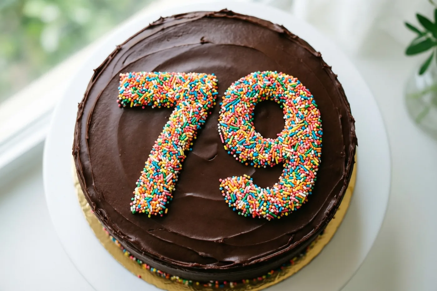 Een ronde taart met glad chocoladeglazuur en het getal 79 van gekleurde suikerstrooisels staat op een gouden taartbodem op een wit bord, van bovenaf gezien.
