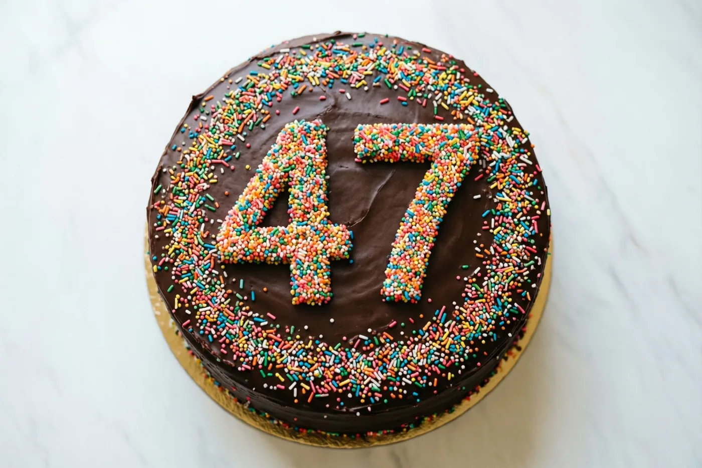 Een ronde chocoladetaart met chocoladeglazuur en 47 van gekleurde suikerstrooisels staat op wit marmer, recht van boven gezien.