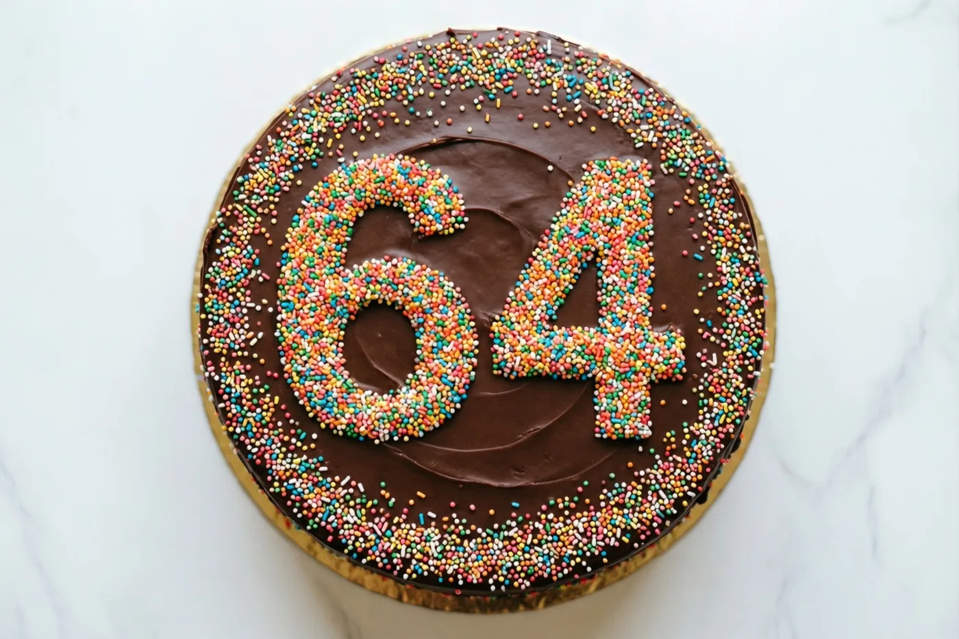 Een ronde chocoladetaart met glad glazuur, een rand van gekleurde suikerstrooisels en het getal 64 in strooisels ligt op wit marmer, van bovenaf gezien.