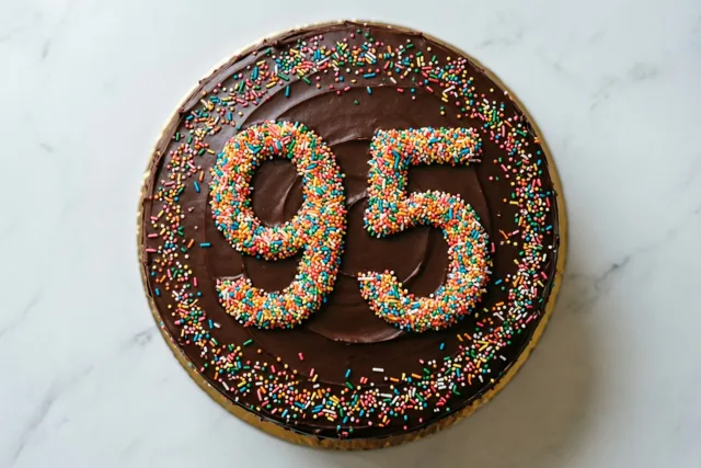 Van bovenaf is een ronde chocoladetaart te zien met chocoladeglazuur, veelkleurige suikerstrooisels en het getal 95 van strooisels op een witmarmeren ondergrond.