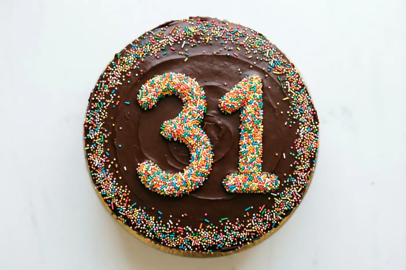 Een ronde chocoladetaart met 31 van gekleurde suikerstrooisels is van bovenaf gefotografeerd tegen een effen witte achtergrond.
