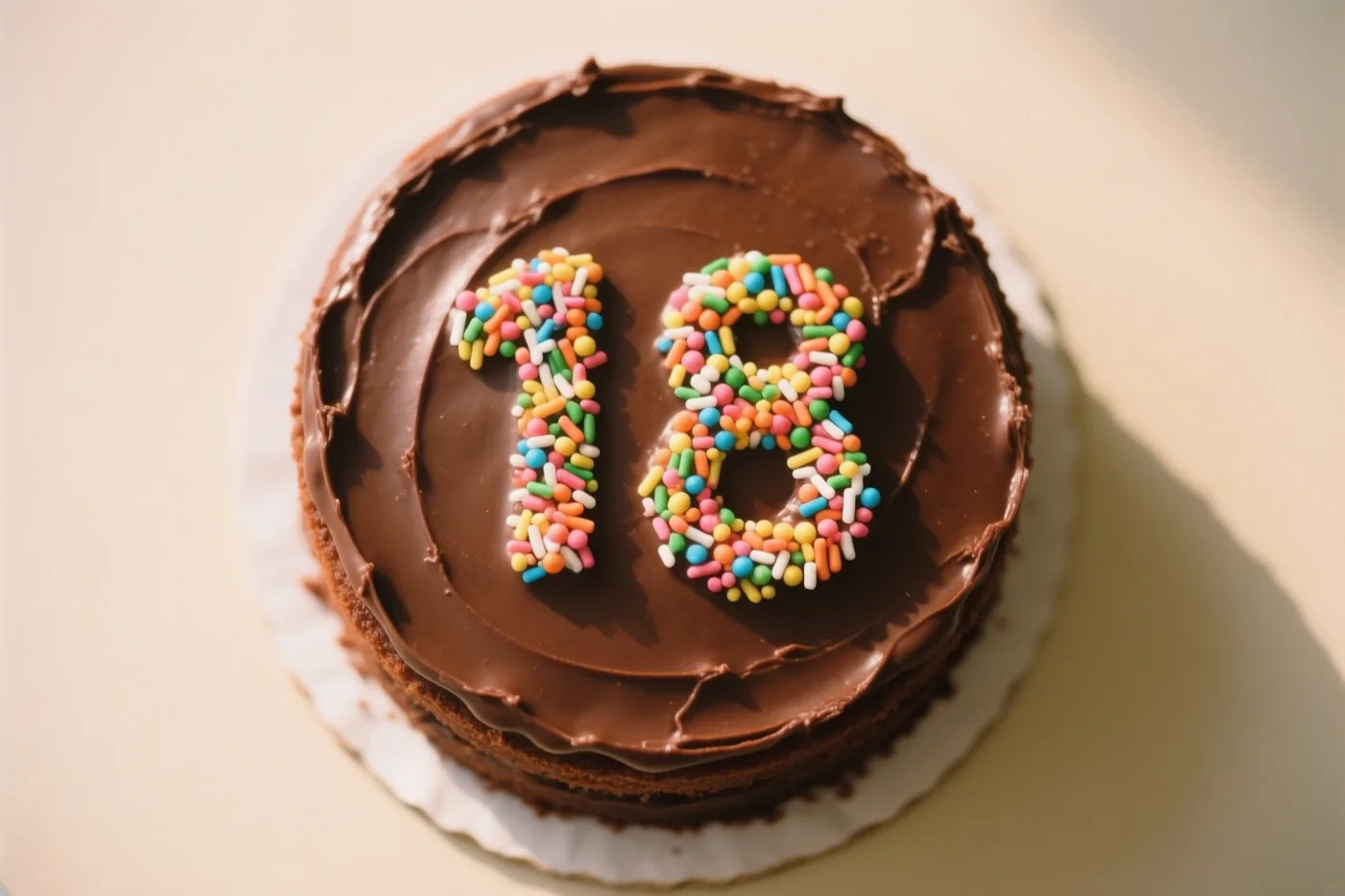 Van bovenaf is een ronde chocoladetaart met chocoladeglazuur en 18 in gekleurde suikerstrooisels te zien, op een witte kartonnen taartbodem tegen een beige achtergrond.