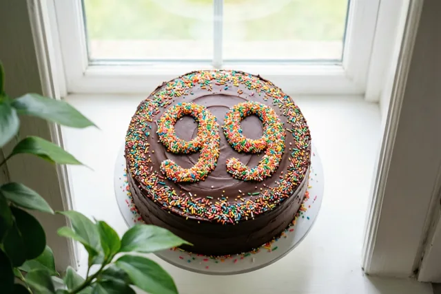 Een ronde chocoladetaart met 99 van kleurrijke suikerstrooisels staat op een witte vensterbank, met links een deels zichtbare groene plant en daglicht van achteren.