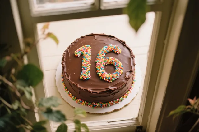 Een ronde chocoladetaart met chocoladeglazuur en het getal 16 in gekleurde suikerstrooisels staat op een witte vensterbank tussen groene bladeren.