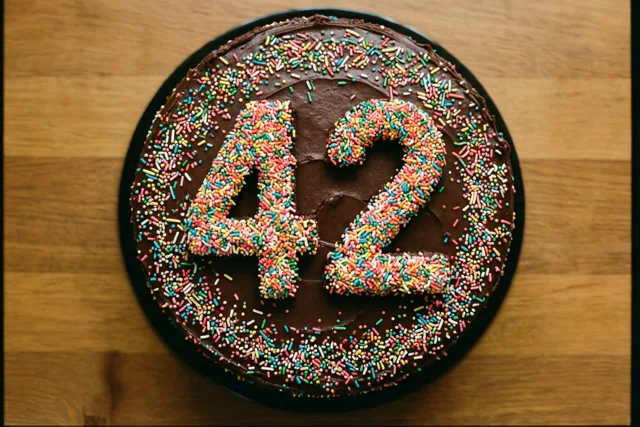 Een ronde chocoladetaart met 42 in kleurrijke suikerstrooisels staat op een zwart bord op hout, van bovenaf gefotografeerd.