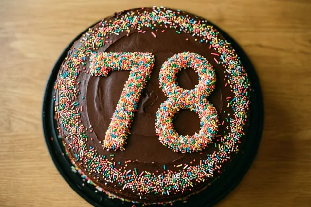 Van bovenaf is een ronde chocoladetaart te zien met 78 en een rand van gekleurde suikerstrooisels, op een zwart bord op een houten ondergrond.