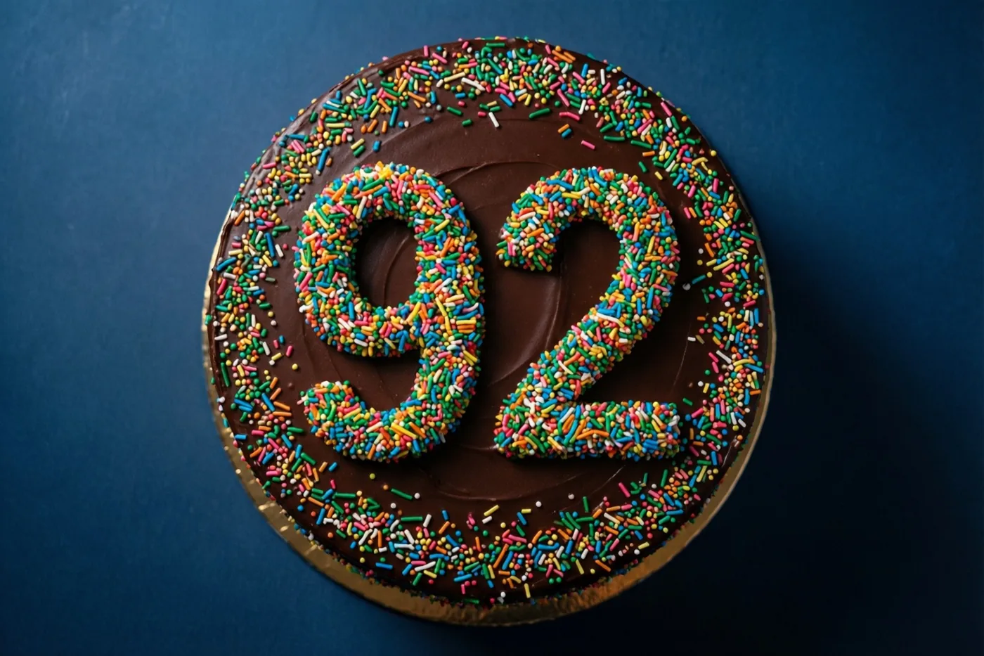 Een ronde chocoladetaart met 92 en een rand van gekleurde suikerstrooisels is van bovenaf te zien tegen een effen blauwe achtergrond.