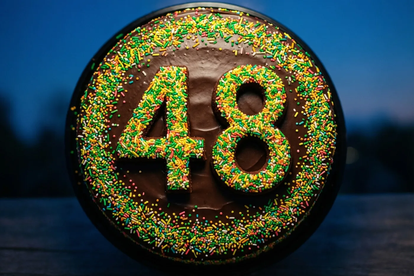 Een ronde chocoladetaart met 48 van gekleurde suikerstrooisels is recht van boven te zien tegen een donkerblauwe achtergrond.