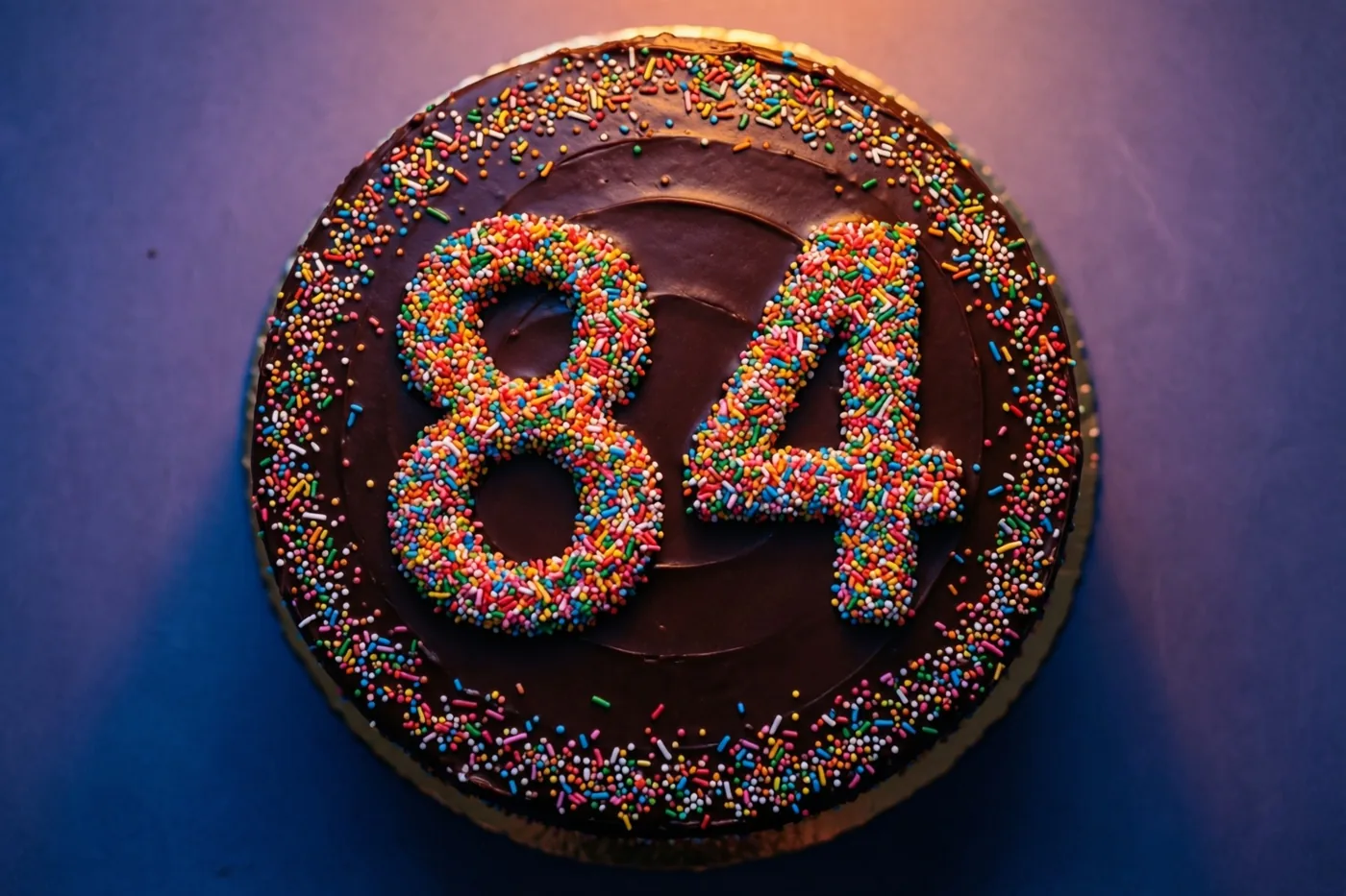 Een ronde chocoladetaart met 84 van gekleurde suikerstrooisels is van bovenaf gefotografeerd tegen een donkerblauwe achtergrond in warm licht.