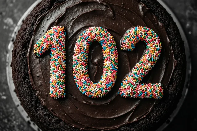 Een bovenaanzicht toont een ronde taart met chocoladeglazuur en 102 van kleurrijke suikerstrooisels tegen een donkere achtergrond met structuur.