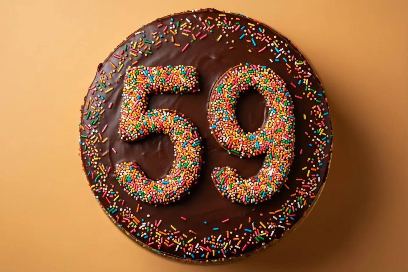 Van bovenaf is een ronde chocoladetaart met 59 in gekleurde suikerstrooisels te zien tegen een effen warmbeige achtergrond.
