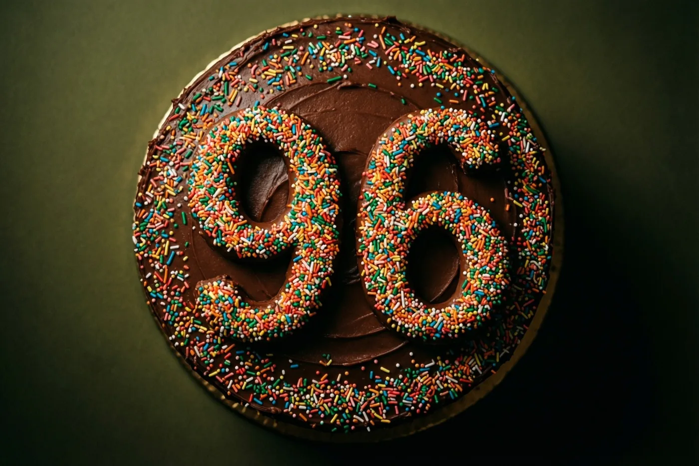 Een ronde chocoladetaart met 96 van kleurrijke suikerstrooisels is van bovenaf te zien tegen een donkergroene achtergrond in zacht licht.