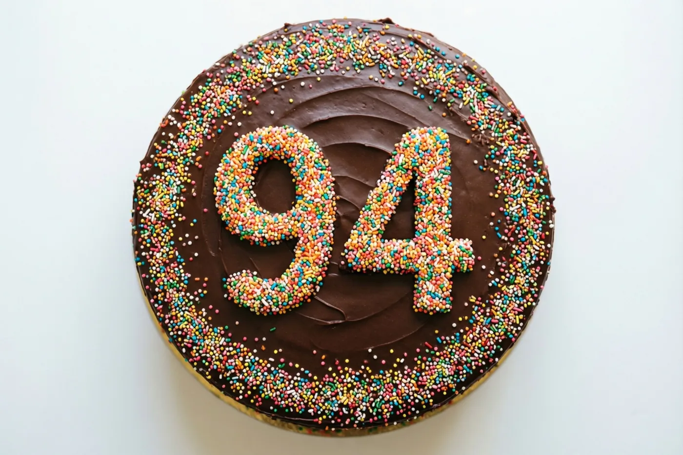 Van bovenaf is een ronde chocoladetaart met chocoladeglazuur en kleurrijke suikerstrooisels te zien, met 94 in strooisels bovenop tegen een witte achtergrond.