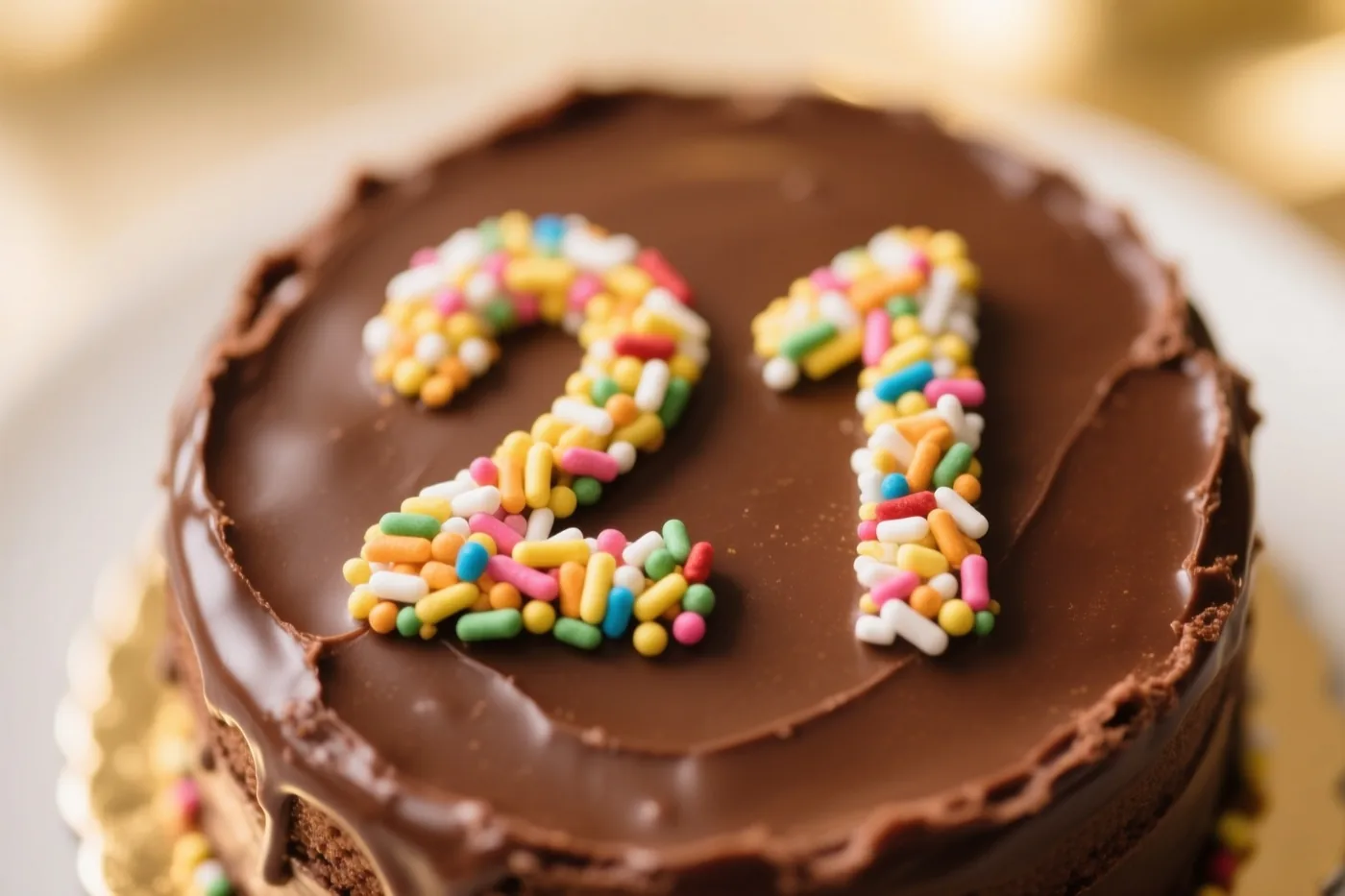 Van bovenaf is een ronde chocoladetaart te zien met glad chocoladeglazuur en het getal 21 van gekleurde suikerstrooisels tegen een onscherpe gouden achtergrond.