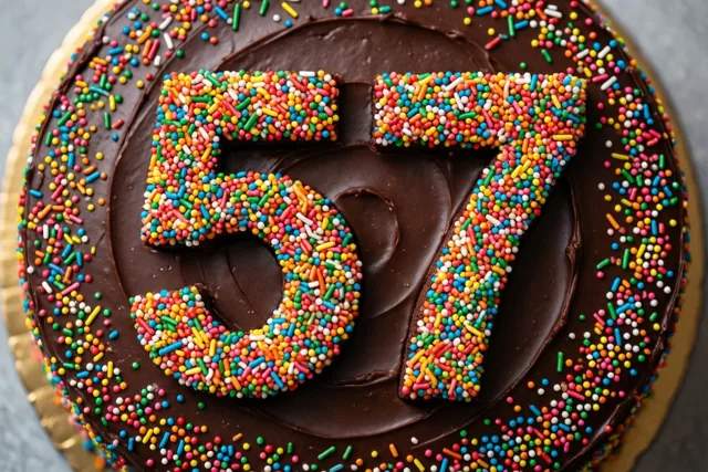 Van bovenaf is een ronde chocoladetaart met 57 van kleurrijke suikerstrooisels te zien op een goudkleurige kartonnen onderlegger tegen een grijze achtergrond.