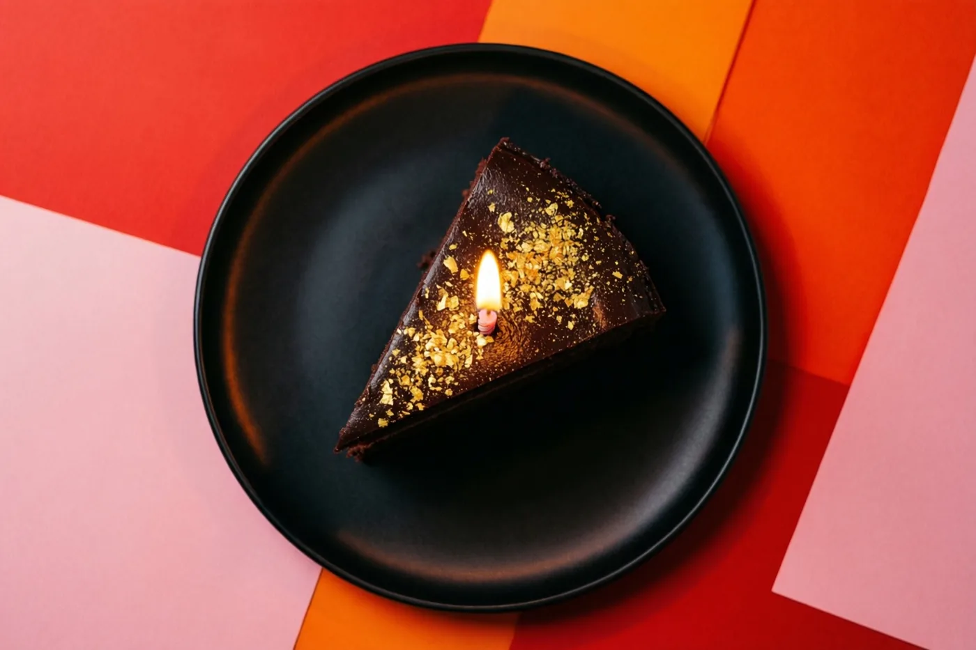 Een stuk chocoladetaart met goudvlokjes en een brandend kaarsje ligt op een zwart bord tegen een achtergrond met geometrische rode, oranje en roze vormen.