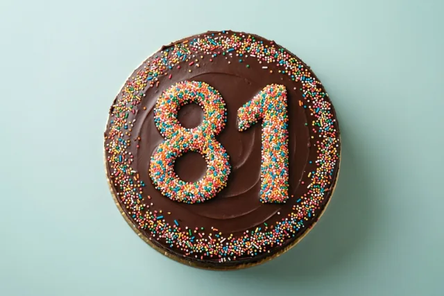 Van bovenaf is een ronde chocoladetaart te zien met 81 en een rand van gekleurde suikerstrooisels, op een goudkleurige kartonnen bodem tegen een lichtblauwe achtergrond.