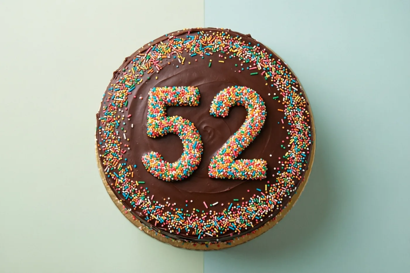 Een ronde chocoladetaart met 52 van gekleurde suikerstrooisels is van bovenaf te zien tegen een pastelgroene en pastelblauwe achtergrond.