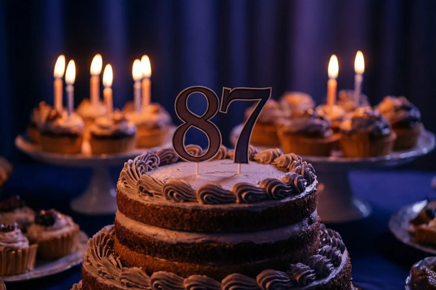 Een chocoladetaart met meerdere verdiepingen, chocoladeglazuur en een papieren versiering met 87 staat tussen cupcakes met brandende kaarsjes op een buffettafel voor donkerblauwe gordijnen.