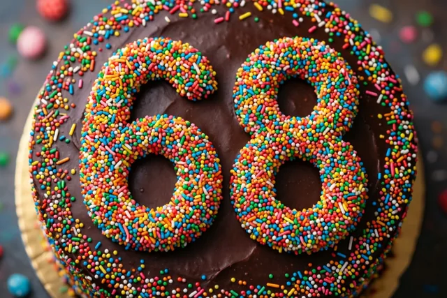 Een ronde chocoladetaart met 68 in gekleurde suikerstrooisels ligt op een donkere ondergrond tussen kleurrijke snoepjes, van bovenaf gezien.