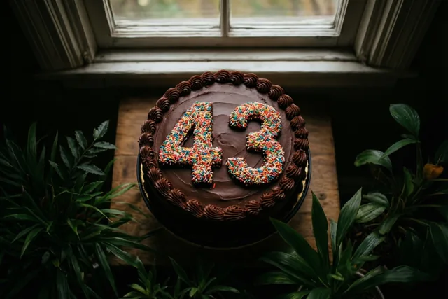 Een ronde taart met chocoladeglazuur en 43 in kleurrijke suikerstrooisels staat op hout onder een raam, met groene planten eromheen.