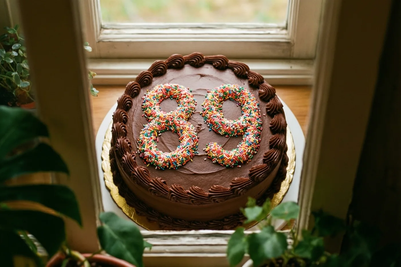 Een ronde chocoladetaart met chocoladeglazuur en 89 in gekleurde suikerstrooisels staat op een vensterbank tussen groene planten.