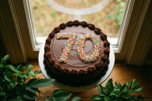 Een ronde chocoladetaart met 70 in gekleurde suikerstrooisels staat op een wit bord op een houten vensterbank tussen groene planten.
