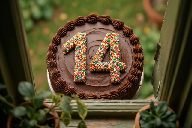 Een ronde chocoladetaart met gespoten randen en 14 van gekleurde suikerstrooisels staat op een vensterbank tussen groene raamkozijnen en potplanten.