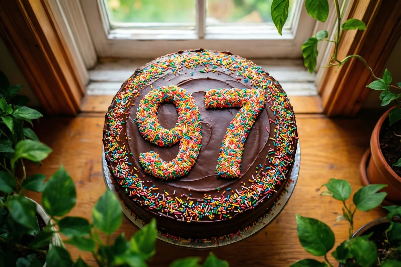 Een ronde chocoladetaart met chocoladeglazuur en het getal 97 van gekleurde suikerstrooisels staat op een houten vensterbank tussen potplanten.