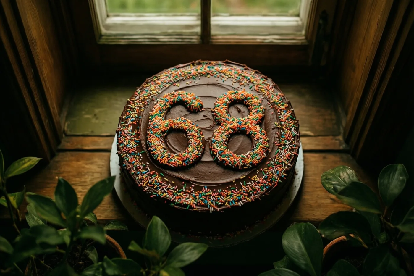 Een ronde chocoladetaart met 68 in kleurrijke suikerstrooisels staat tussen potplanten op een houten vensterbank in warm daglicht.