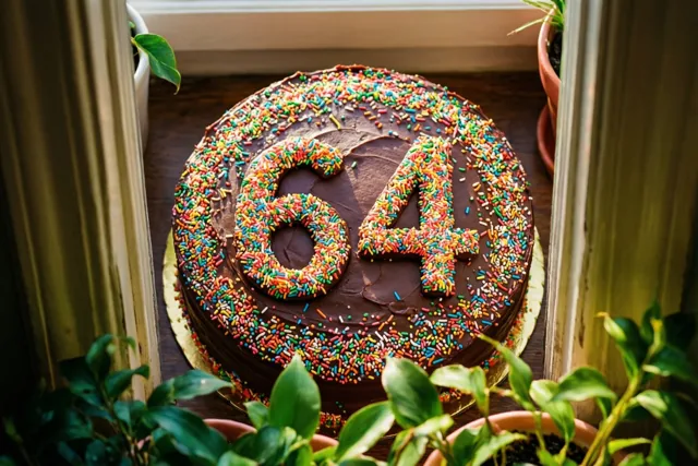 Een ronde chocoladetaart met het getal 64 in gekleurde suikerstrooisels staat op een houten oppervlak tussen potplanten in warm licht.