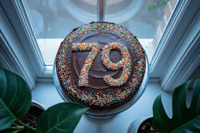 Een ronde chocoladetaart met het getal 79 van gekleurde suikerstrooisels staat in het daglicht op een vensterbank tussen potplanten.