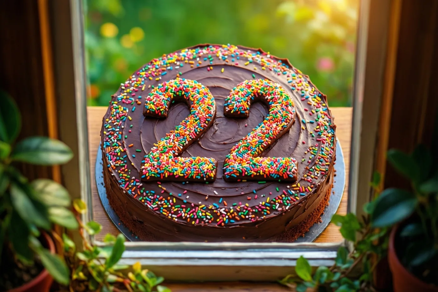 Een ronde chocoladetaart met chocoladeglazuur en 22 van kleurrijke suikerstrooisels staat op een vensterbank tussen potplanten, met een onscherpe groene tuin achteraan.