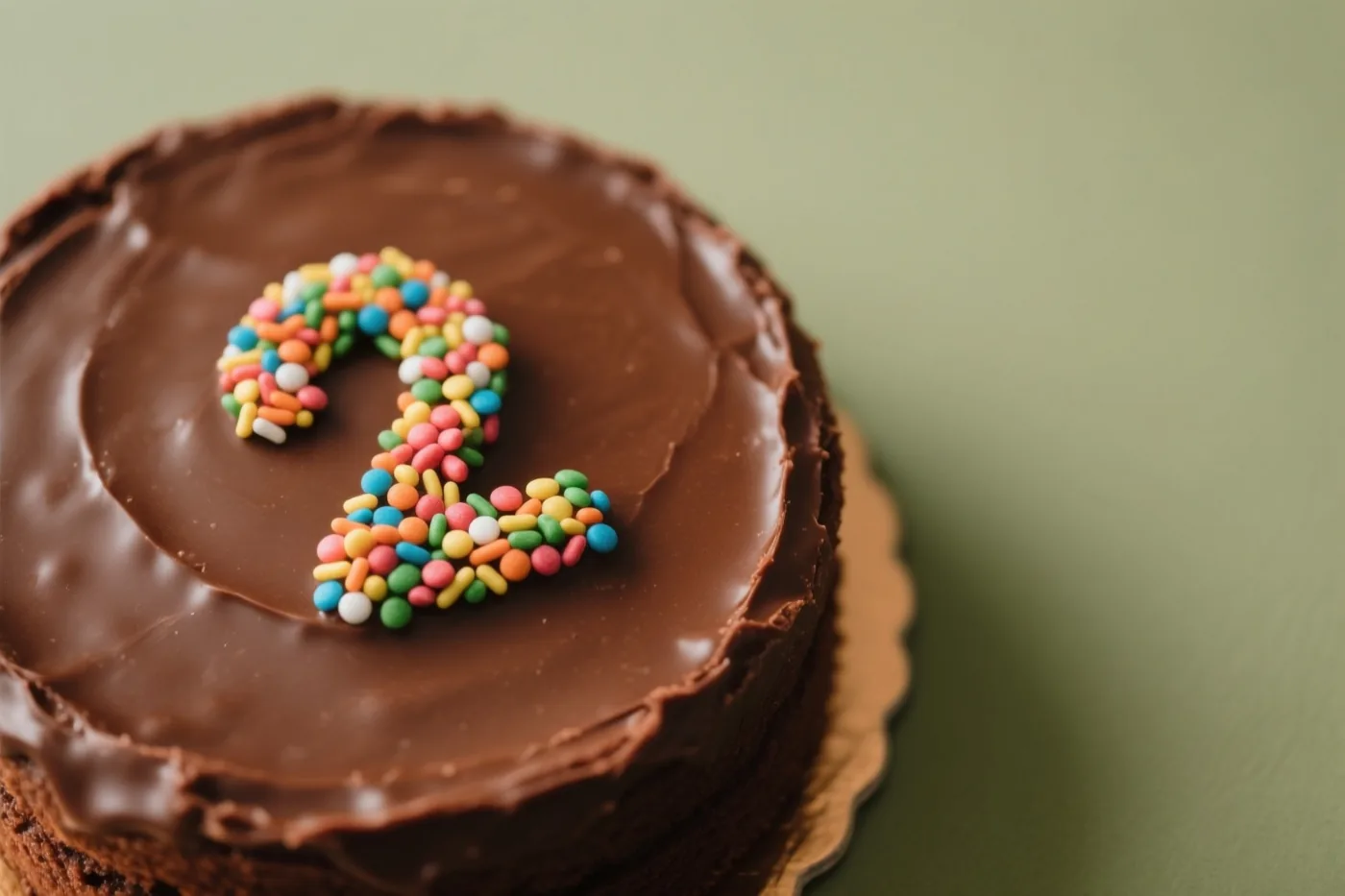 Een ronde chocoladetaart met glad glazuur en het cijfer 2 van gekleurde suikerstrooisels staat op een gouden taartbodem tegen een gedempt groene achtergrond, van bovenaf gezien.