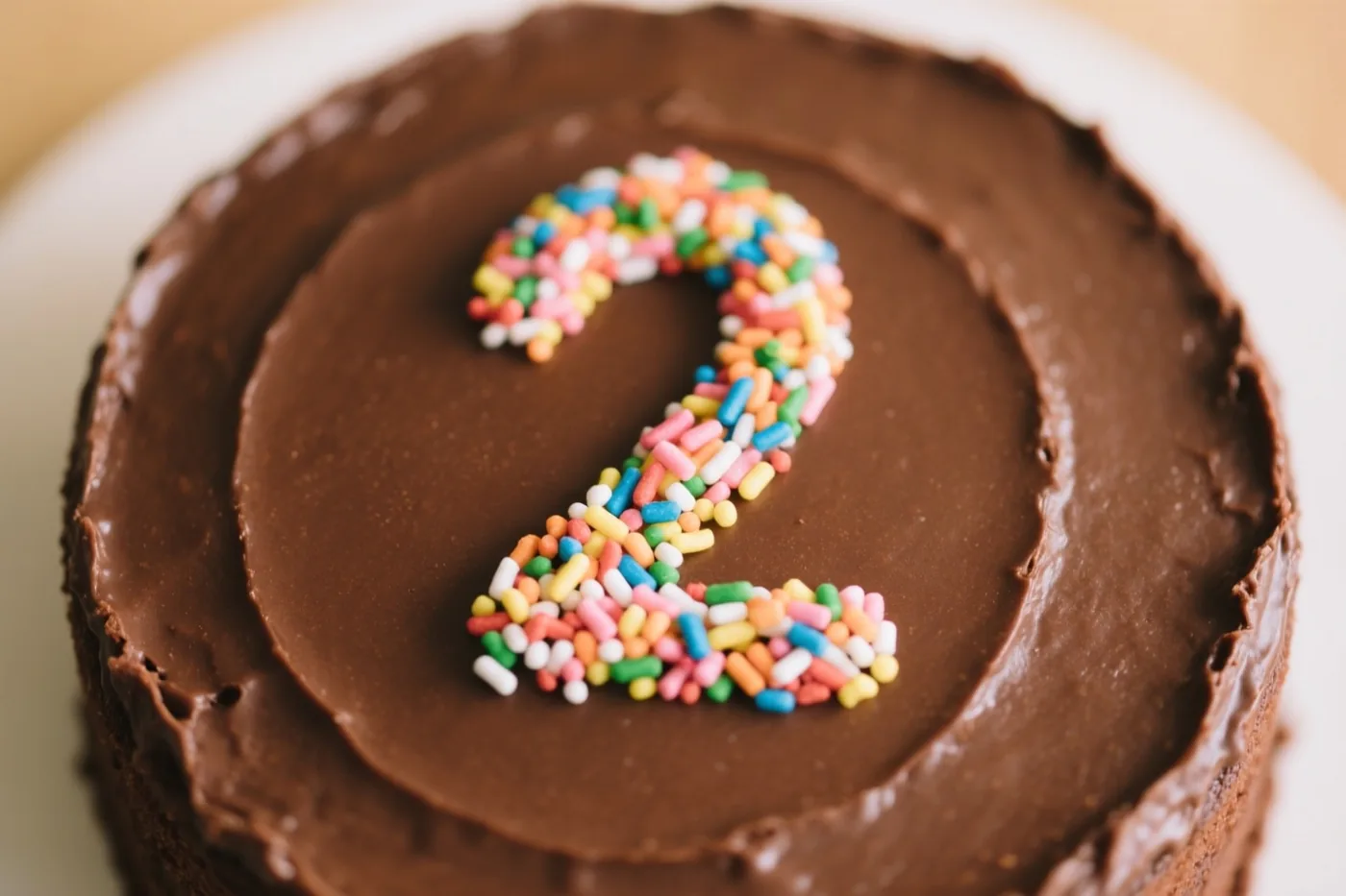 Van bovenaf is een ronde chocoladetaart met glad glazuur en een twee van gekleurde suikerstrooisels te zien op een wit bord, tegen een warme wazige achtergrond.