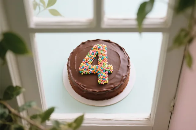 Een ronde taart met chocoladeglazuur en een cijfer 4 van gekleurde suikerstrooisels staat op een vensterbank tussen groen gebladerte, van bovenaf gezien.