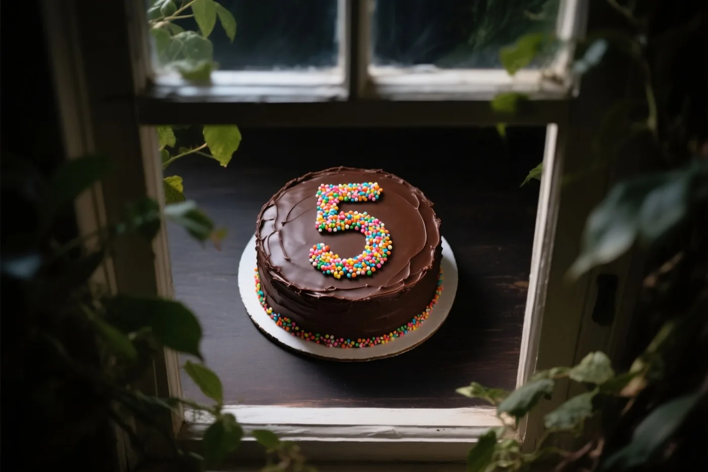 Een ronde chocoladetaart met chocoladeglazuur, een cijfer 5 van gekleurde suikerstrooisels bovenop en strooisels onderaan staat op een donkere houten vensterbank tussen groen, van bovenaf gezien.