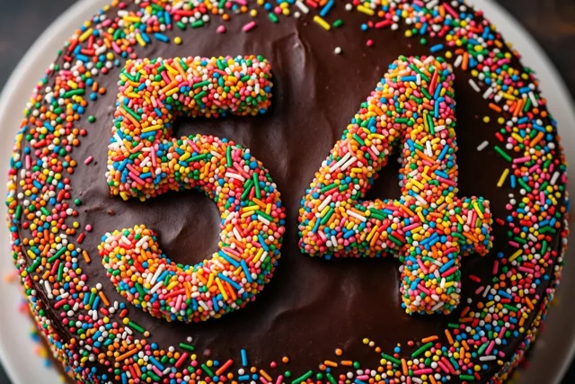 Een ronde chocoladetaart is van bovenaf te zien, bedekt met kleurrijke suikerstrooisels die in het midden het getal 54 vormen.