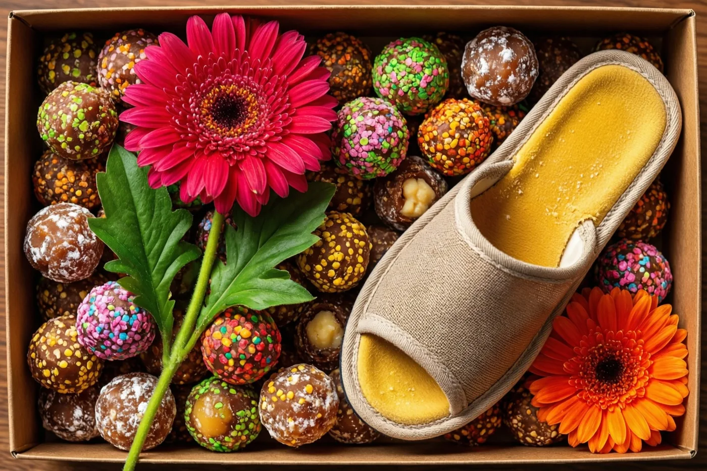 Een kartonnen doos met verschillende chocoladetruffels staat bij een felroze gerbera en een beige pantoffel met een gele binnenzool.