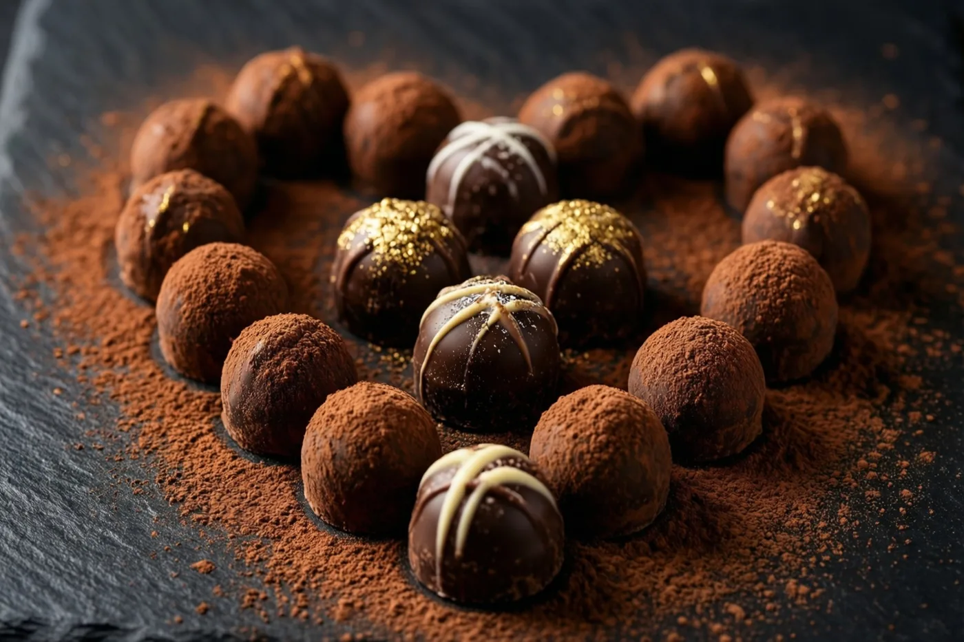 Donkere chocoladetruffels liggen in een hartvorm op een zwarte leistenen ondergrond met cacaopoeder.