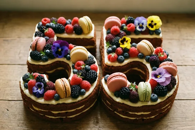 Twee gelaagde chocoladetaarten vormen 55 en zijn versierd met bessen, macarons en eetbare bloemen op een rustiek houten oppervlak.