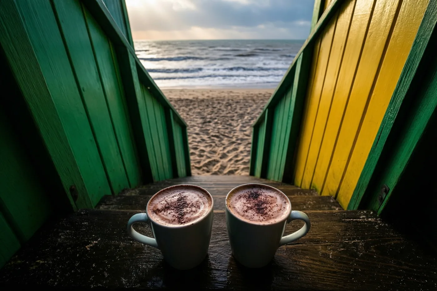 Twee mokken warme chocolademelk met cacaopoeder staan op houten treden tussen groene en gele strandhutwanden, met zandstrand, zee en een bewolkte hemel erachter.