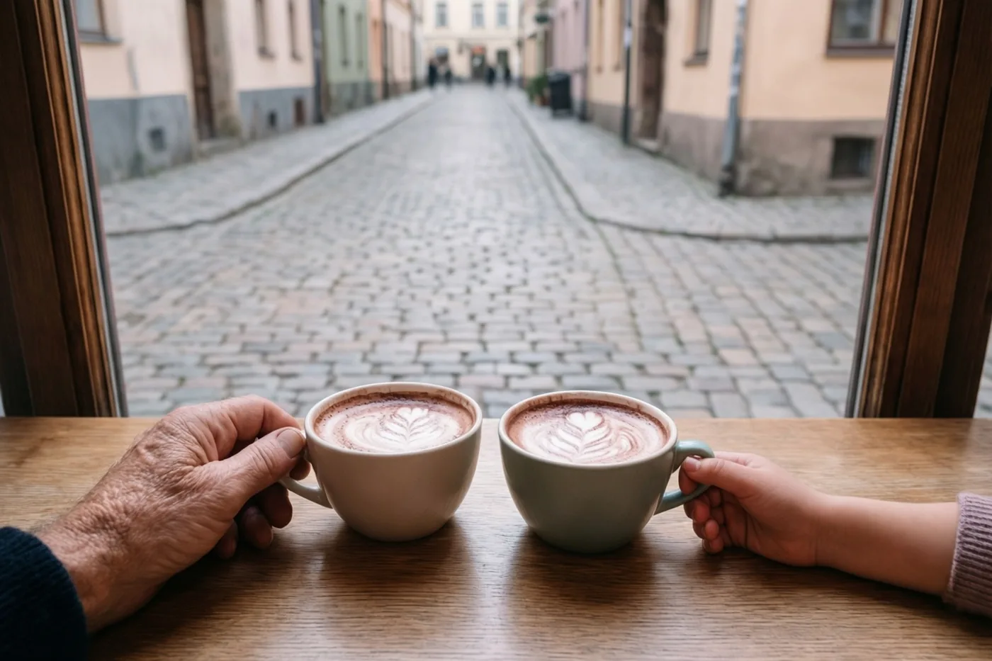 Een oude en een kleine hand houden koppen warme chocolademelk met figuurtjes in het schuim vast op een houten cafétafel, met uitzicht op een kasseistraat.