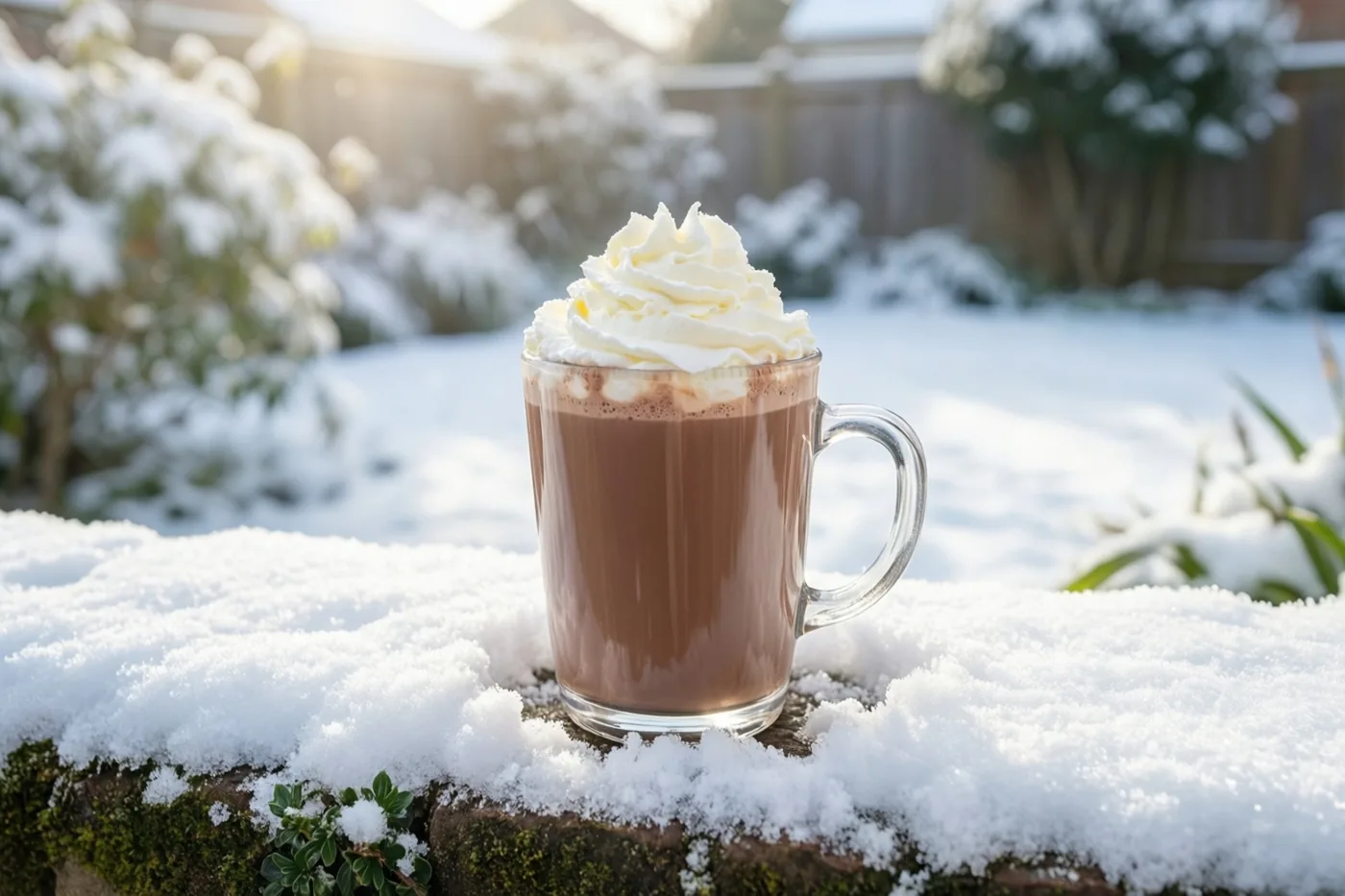 Een doorzichtige glazen mok chocolademelk met slagroom staat op een besneeuwd tuinmuurtje, met struiken en een houten omheining in fel zonlicht erachter.